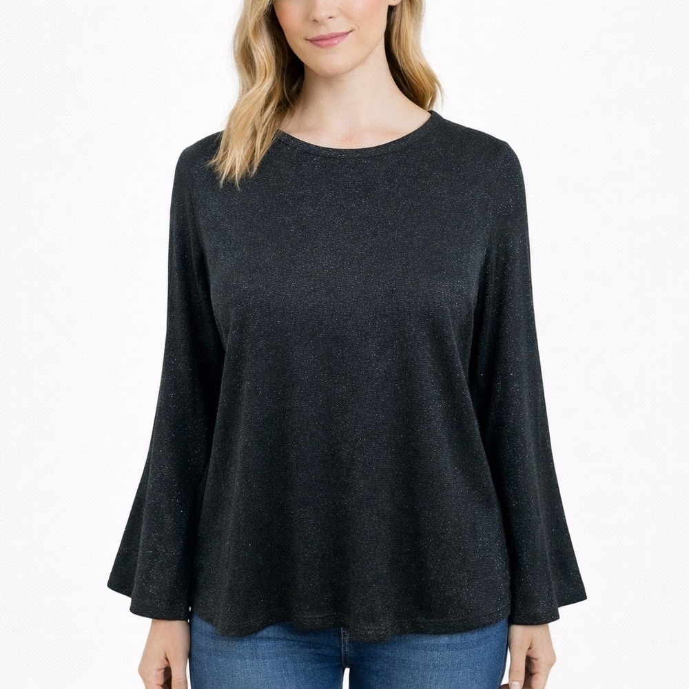 Diane Gilman DG2 Black Metallic Shimmer Knit Top Sweater Flare Sleeves Size L